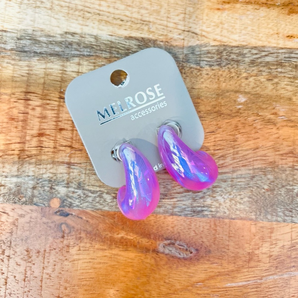 "Pink" Small Glossy Pink Iridescent Waterdrop Earrings